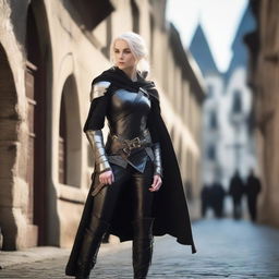 An elvish rogue, a 30-year-old female with shoulder-length platinum blond hair and short pointed ears, is standing on a medieval city street