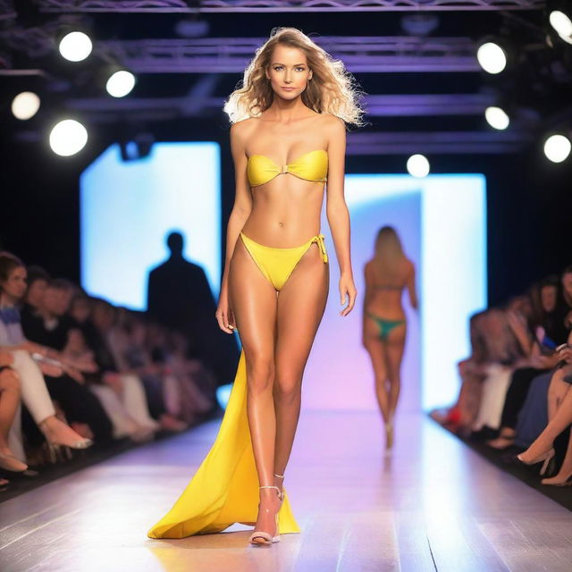 Liza Kovalenko struts confidently down the catwalk in a stylish bikini, showcasing her beautiful gait and poise