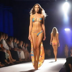 Liza Kovalenko struts confidently down the catwalk in a stylish bikini, showcasing her beautiful gait and poise