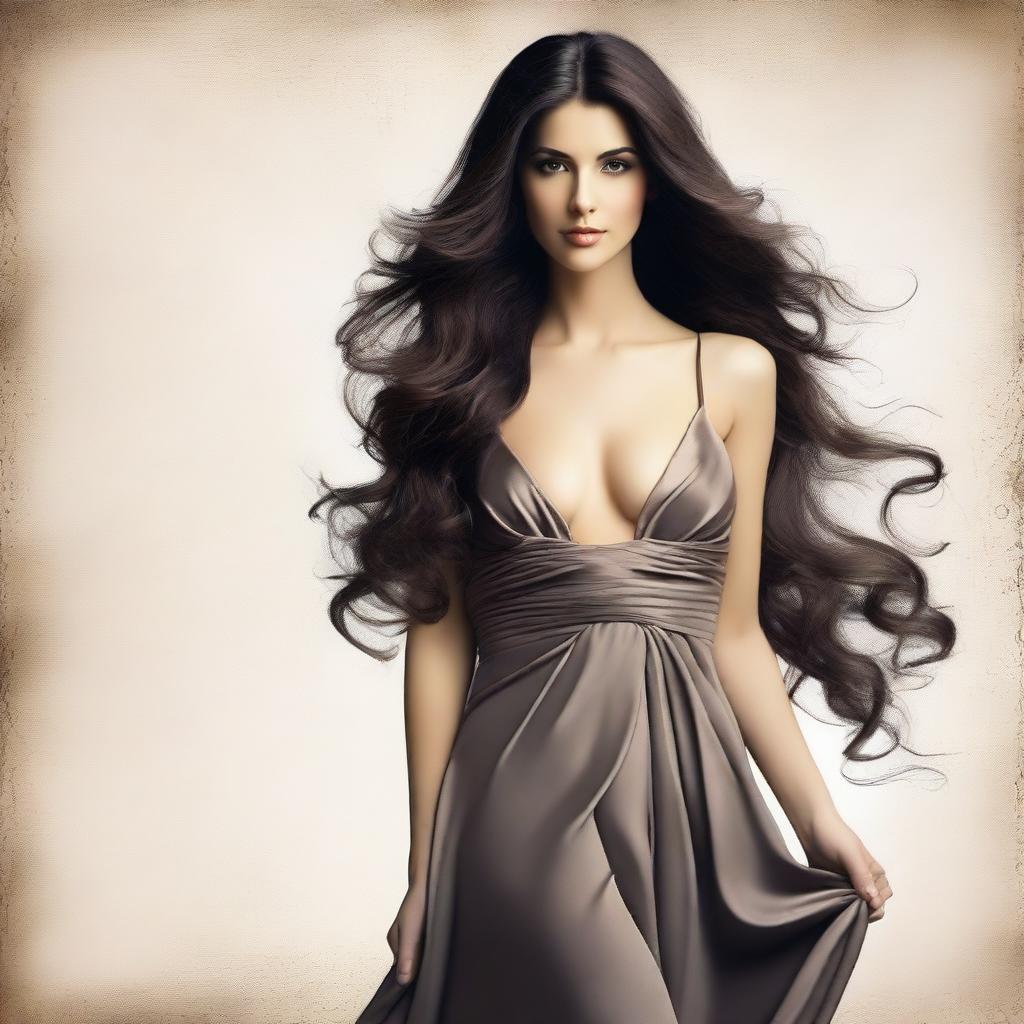 A brunette woman with lush, flowing hair, a large bust, and wearing a full-length dress with a deep neckline