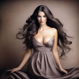 A brunette woman with lush, flowing hair, a large bust, and wearing a full-length dress with a deep neckline