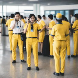 A group of people in yellow and white uniforms waiting at an airport