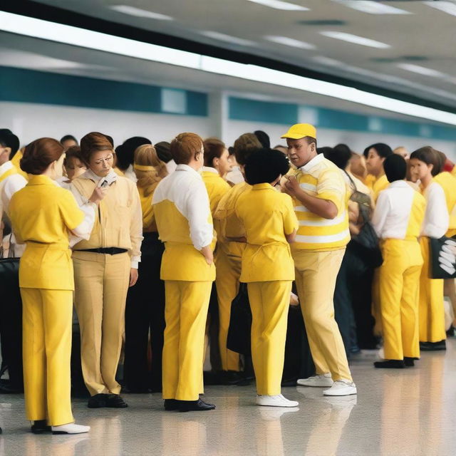 A group of people in yellow and white uniforms waiting at an airport