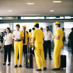 A group of people in yellow and white uniforms waiting at an airport