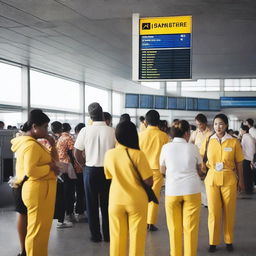 A group of people in yellow and white uniforms waiting at an airport