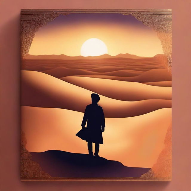 Create a book cover featuring a desert view in the evening as the background