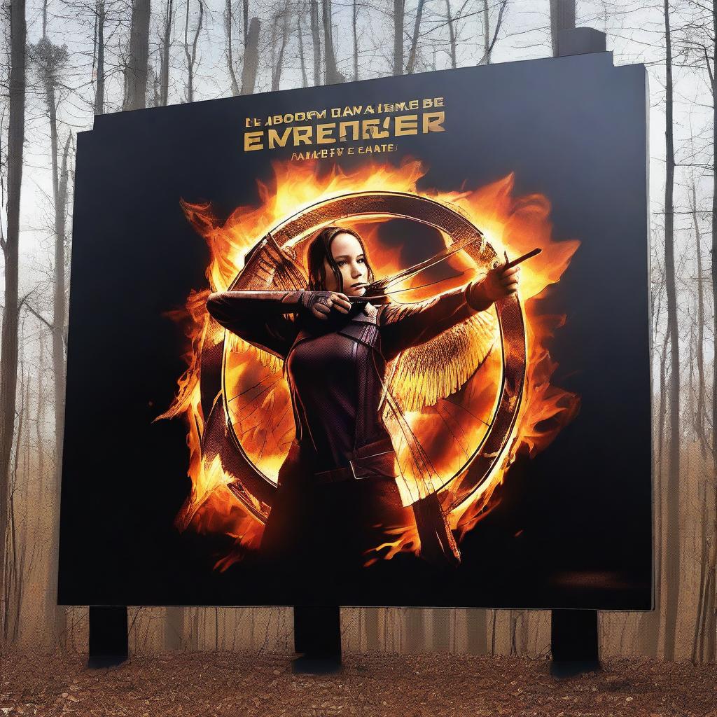 A towering billboard showcases Katniss Everdeen with her bow drawn, set against a dark, smoldering forest