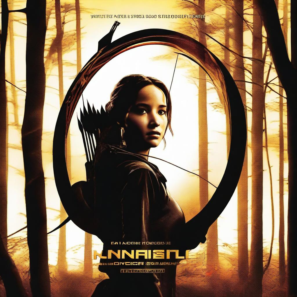 A towering billboard showcases Katniss Everdeen with her bow drawn, set against a dark, smoldering forest