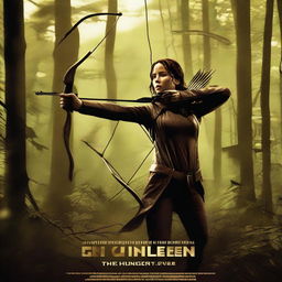 A towering billboard showcases Katniss Everdeen with her bow drawn, set against a dark, smoldering forest