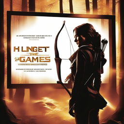 A towering billboard showcases Katniss Everdeen with her bow drawn, set against a dark, smoldering forest