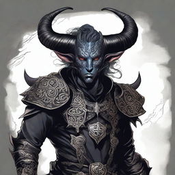 A detailed illustration of a male Tiefling character with curled horns and black armor