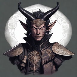 A detailed illustration of a male Tiefling character with curled horns and black armor