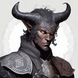 A detailed illustration of a male Tiefling character with curled horns and black armor