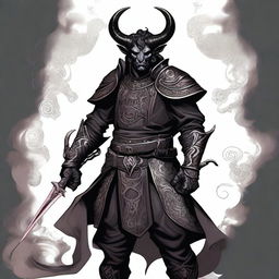 A detailed illustration of a male Tiefling character with curled horns and black armor