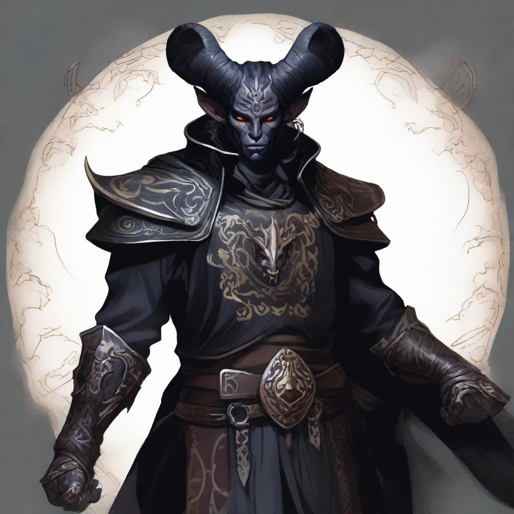 A detailed illustration of a male Tiefling warlock with black armor and ram horns