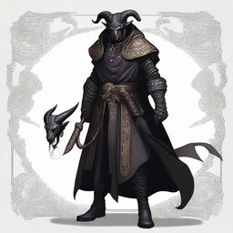 A detailed illustration of a male Tiefling warlock with black armor and ram horns