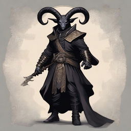 A detailed illustration of a male Tiefling warlock with black armor and ram horns