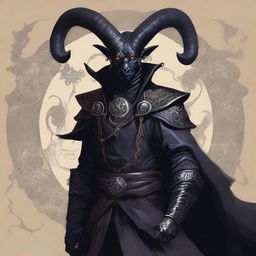 A detailed illustration of a male Tiefling warlock with black armor and ram horns