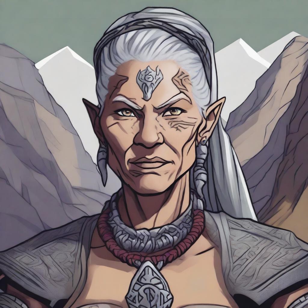 A detailed portrait of an old Goliath woman in a Dungeons and Dragons setting