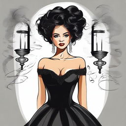 Ilustração de um demônio alto com chifres e garras afiadas, ao lado de uma mulher morena com cabelo cacheado preto, com um vestido de gala que marca suas curvas, em uma igreja gótica