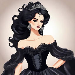 Ilustração de um demônio alto com chifres e garras afiadas, ao lado de uma mulher morena com cabelo cacheado preto, com um vestido de gala que marca suas curvas, em uma igreja gótica