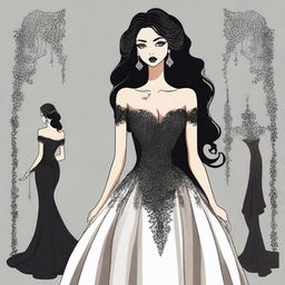 Ilustração de um demônio alto com chifres e garras afiadas, ao lado de uma mulher morena com cabelo cacheado preto, com um vestido de gala que marca suas curvas, em uma igreja gótica