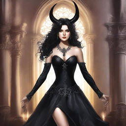 Create an illustrated book cover featuring a tall demon with horns and sharp claws standing next to a brunette woman with curly black hair, wearing a glamorous dress that accentuates her curves, in a gothic church