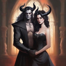 Create an illustrated book cover featuring a tall demon with horns and sharp claws standing next to a brunette woman with curly black hair, wearing a glamorous dress that accentuates her curves, in a gothic church