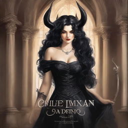 Create an illustrated book cover featuring a tall demon with horns and sharp claws standing next to a brunette woman with curly black hair, wearing a glamorous dress that accentuates her curves, in a gothic church