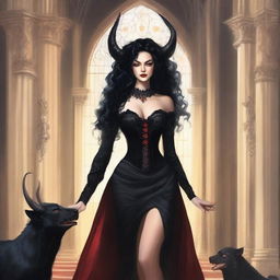 Create an illustrated book cover featuring a tall demon with horns and sharp claws standing next to a brunette woman with curly black hair, wearing a glamorous dress that accentuates her curves, in a gothic church