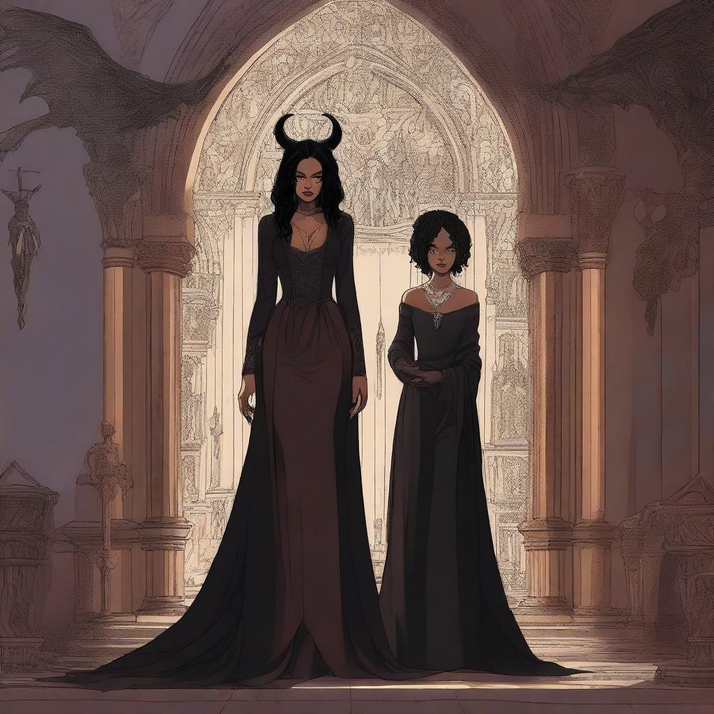 Create an illustrated book cover featuring a tall demon with horns and sharp claws standing next to a brown-skinned woman with curly black hair, wearing a form-fitting gown that accentuates her curves, in a gothic church setting