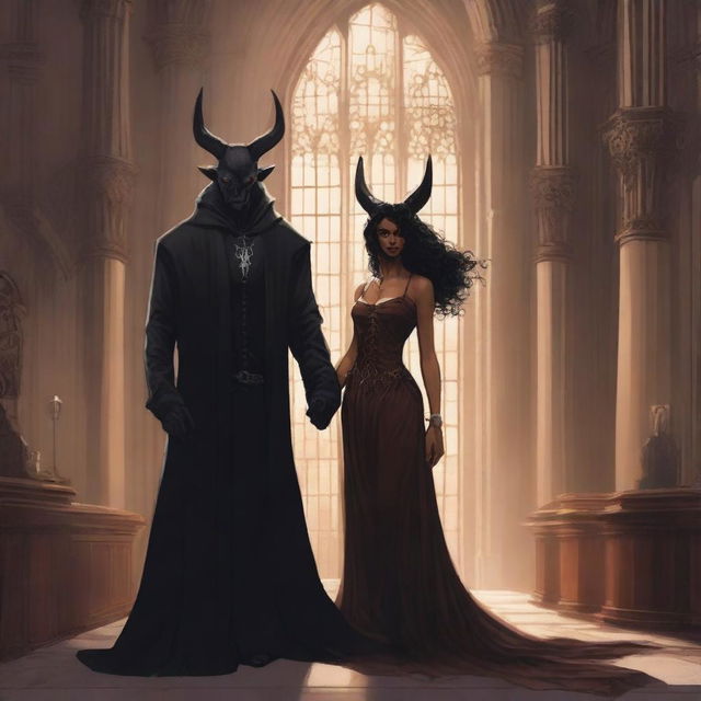 Create an illustrated book cover featuring a tall demon with horns and sharp claws standing next to a brown-skinned woman with curly black hair, wearing a form-fitting gown that accentuates her curves, in a gothic church setting