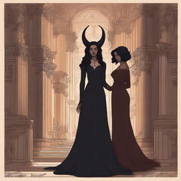 Create an illustrated book cover featuring a tall demon with horns and sharp claws standing next to a brown-skinned woman with curly black hair, wearing a form-fitting gown that accentuates her curves, in a gothic church setting