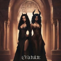 Create an illustrated book cover featuring a tall demon with horns and sharp claws standing next to a brown-skinned woman with curly black hair, wearing a form-fitting gown that accentuates her curves, in a gothic church setting