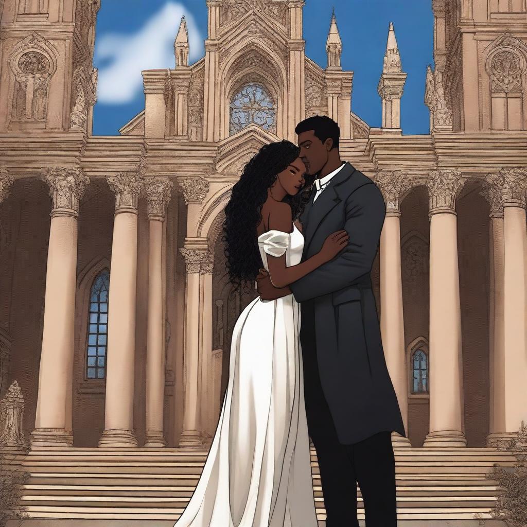 Create an illustrated book cover featuring a tall white man with black hair, blue eyes, and strong arms standing next to a brown-skinned woman with dark curly hair and brown eyes, wearing a form-fitting gown that accentuates her curves