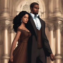 Create an illustrated book cover featuring a tall white man with black hair, blue eyes, and strong arms standing next to a brown-skinned woman with dark curly hair and brown eyes, wearing a form-fitting gown that accentuates her curves