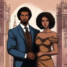 Create an illustrated book cover featuring a tall white man with black hair, blue eyes, and strong arms standing next to a brown-skinned woman with dark curly hair and brown eyes, wearing a form-fitting gown that accentuates her curves