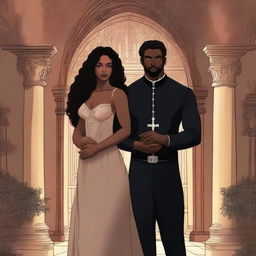 Create an illustrated book cover featuring a tall white man with black hair, blue eyes, and strong arms standing next to a brown-skinned woman with dark curly hair and brown eyes, wearing a form-fitting gown that accentuates her curves