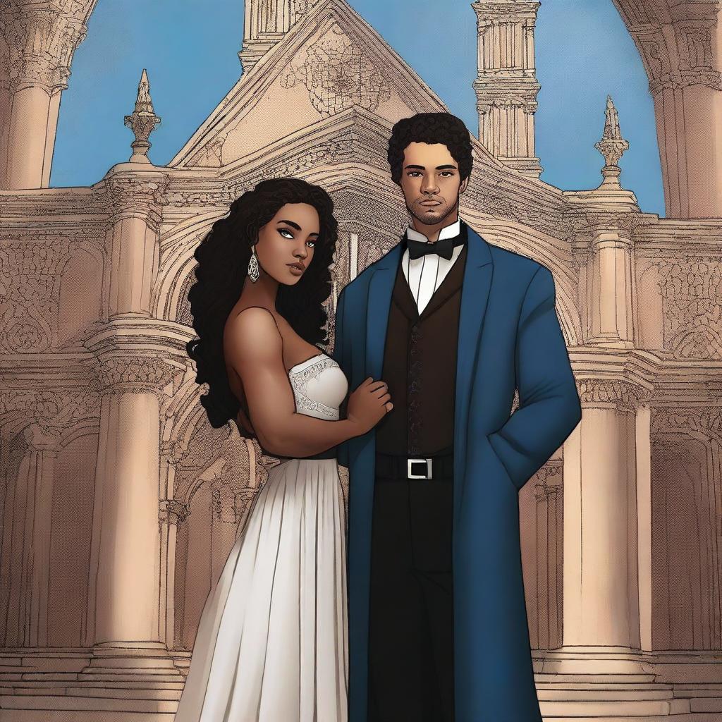 Create an illustrated book cover featuring a tall white man with dark hair, blue eyes, and strong arms standing next to a brown-skinned woman with dark curly hair and brown eyes, wearing a form-fitting gown that accentuates her curves