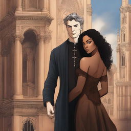 Create an illustrated book cover featuring a tall white man with dark hair, blue eyes, and strong arms standing next to a brown-skinned woman with dark curly hair and brown eyes, wearing a form-fitting gown that accentuates her curves