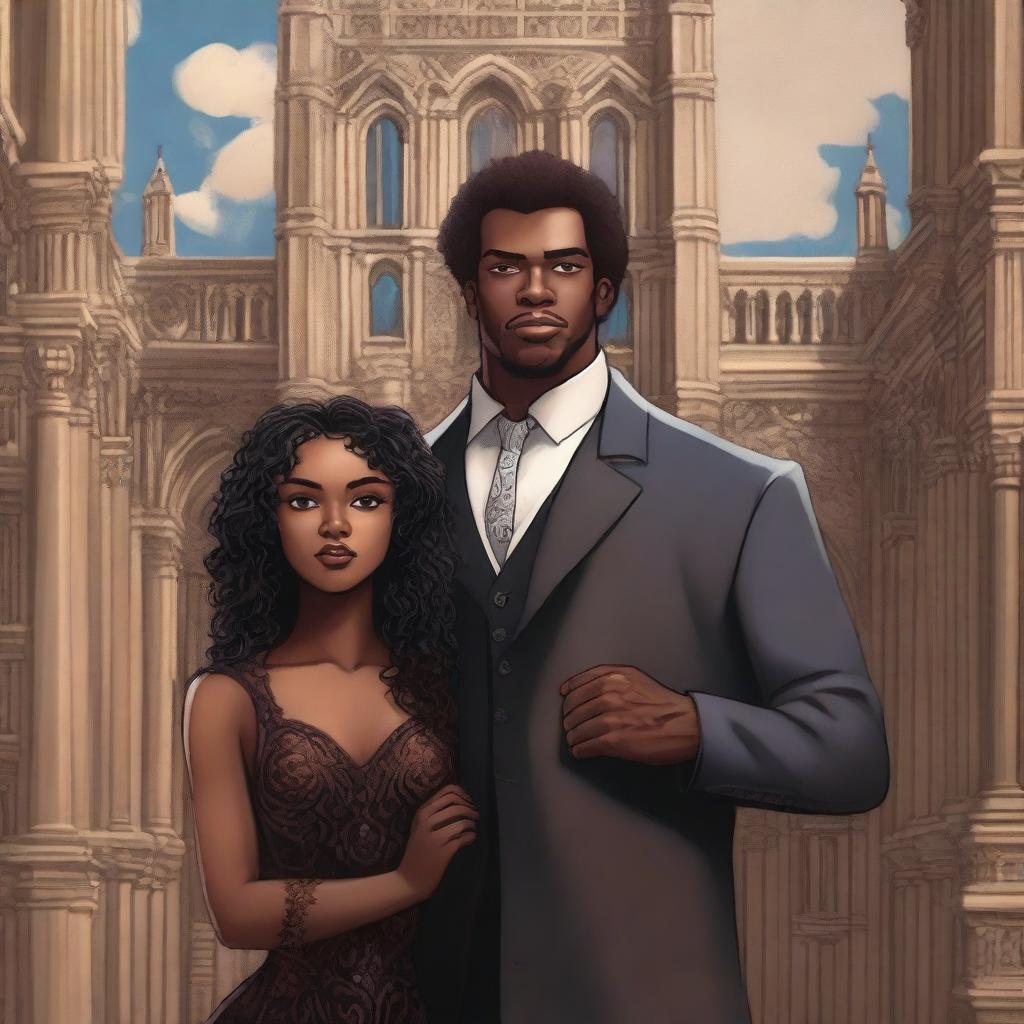 Create an illustrated book cover featuring a tall white man with dark hair, blue eyes, and strong arms standing next to a brown-skinned woman with dark curly hair and brown eyes, wearing a form-fitting gown that accentuates her curves