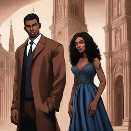 Create an illustrated book cover featuring a tall white man with dark hair, blue eyes, and strong arms standing next to a brown-skinned woman with dark curly hair and brown eyes, wearing a form-fitting gown that accentuates her curves