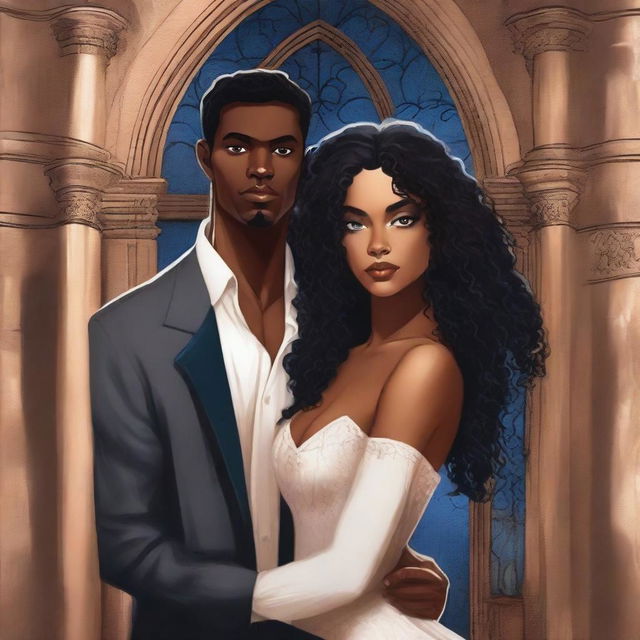 Create an illustrated BOOK COVER featuring a tall white man with black hair, blue eyes, and strong arms standing next to a brown-skinned woman with dark curly hair and brown eyes, wearing a glamorous dress that accentuates her curves, in a dark gothic church