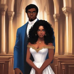 Create an illustrated BOOK COVER featuring a tall white man with black hair, blue eyes, and strong arms standing next to a brown-skinned woman with dark curly hair and brown eyes, wearing a glamorous dress that accentuates her curves, in a dark gothic church