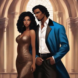 Create an illustrated BOOK COVER featuring a tall white man with black hair, blue eyes, and strong arms standing next to a brown-skinned woman with dark curly hair and brown eyes, wearing a glamorous dress that accentuates her curves, in a dark gothic church