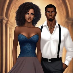 Create an illustrated BOOK COVER featuring a tall white man with black hair, blue eyes, and strong arms standing next to a brown-skinned woman with dark curly hair and brown eyes, wearing a glamorous dress that accentuates her curves, in a dark gothic church