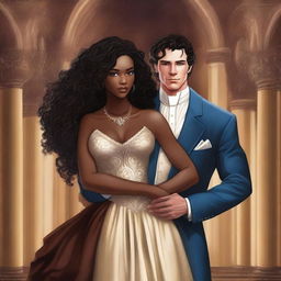 Create an illustrated BOOK COVER featuring a tall white man with dark hair, blue eyes, and strong arms standing next to a brown-skinned woman with dark curly hair and brown eyes, wearing a glamorous dress that accentuates her curves, in a dark gothic church