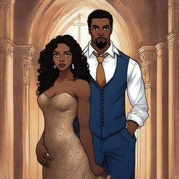 Create an illustrated BOOK COVER featuring a tall white man with dark hair, blue eyes, and strong arms standing next to a brown-skinned woman with dark curly hair and brown eyes, wearing a glamorous dress that accentuates her curves, in a dark gothic church