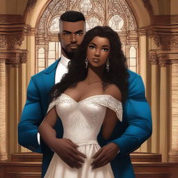 Create an illustrated BOOK COVER featuring a tall white man with dark hair, blue eyes, and strong arms standing next to a brown-skinned woman with dark curly hair and brown eyes, wearing a glamorous dress that accentuates her curves, in a dark gothic church