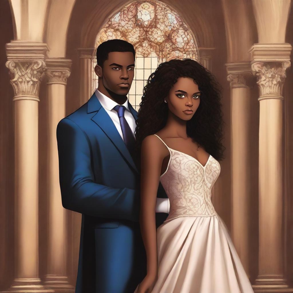 Create an illustrated BOOK COVER featuring a tall white man with dark hair, blue eyes, and strong arms standing next to a brown-skinned woman with dark curly hair and brown eyes, wearing a glamorous dress that accentuates her curves, in a dark gothic church